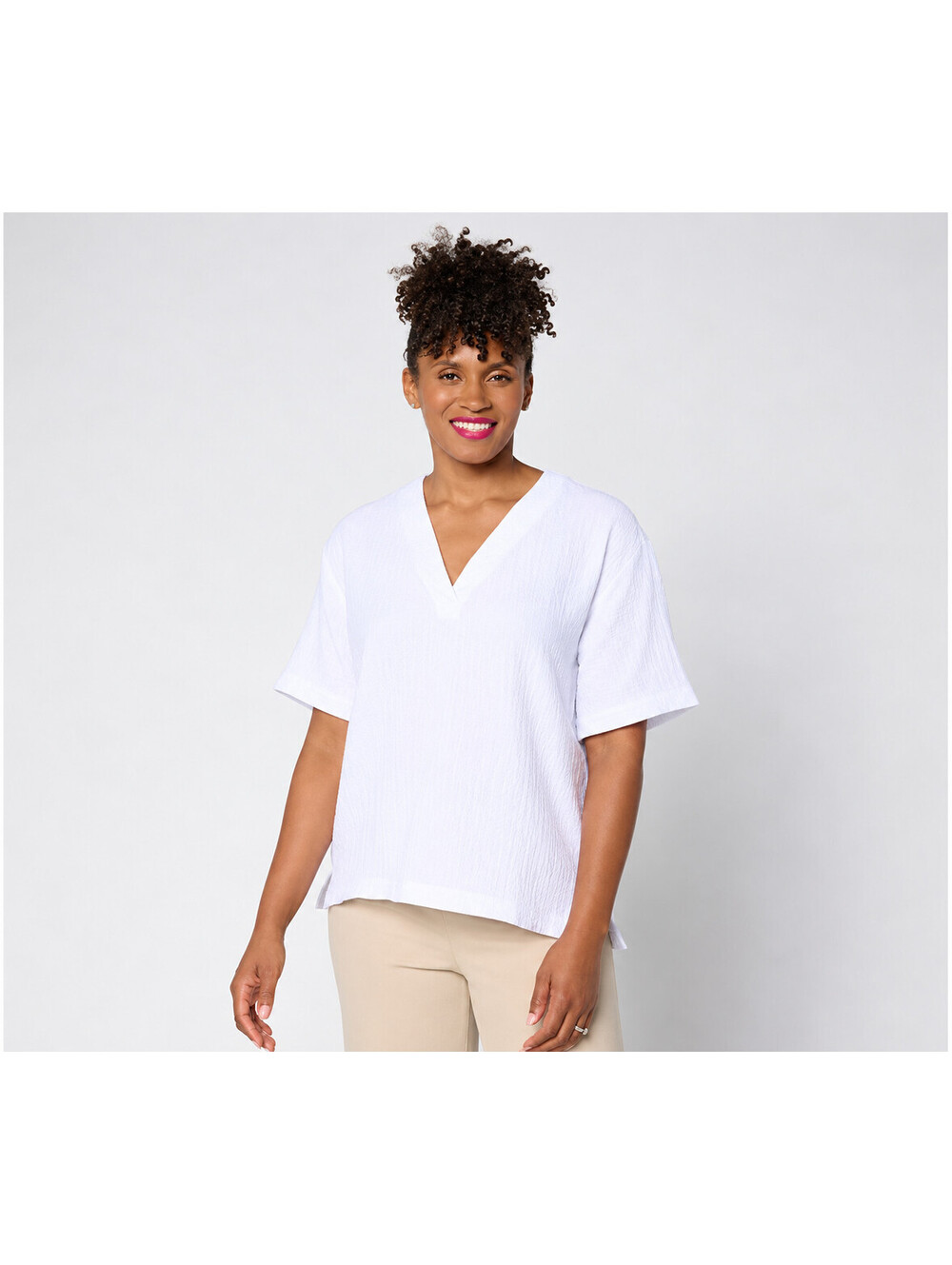 Susan Graver Cotton Gauze V-Neck Drop Shoulders Pullover Top White, Petite Large